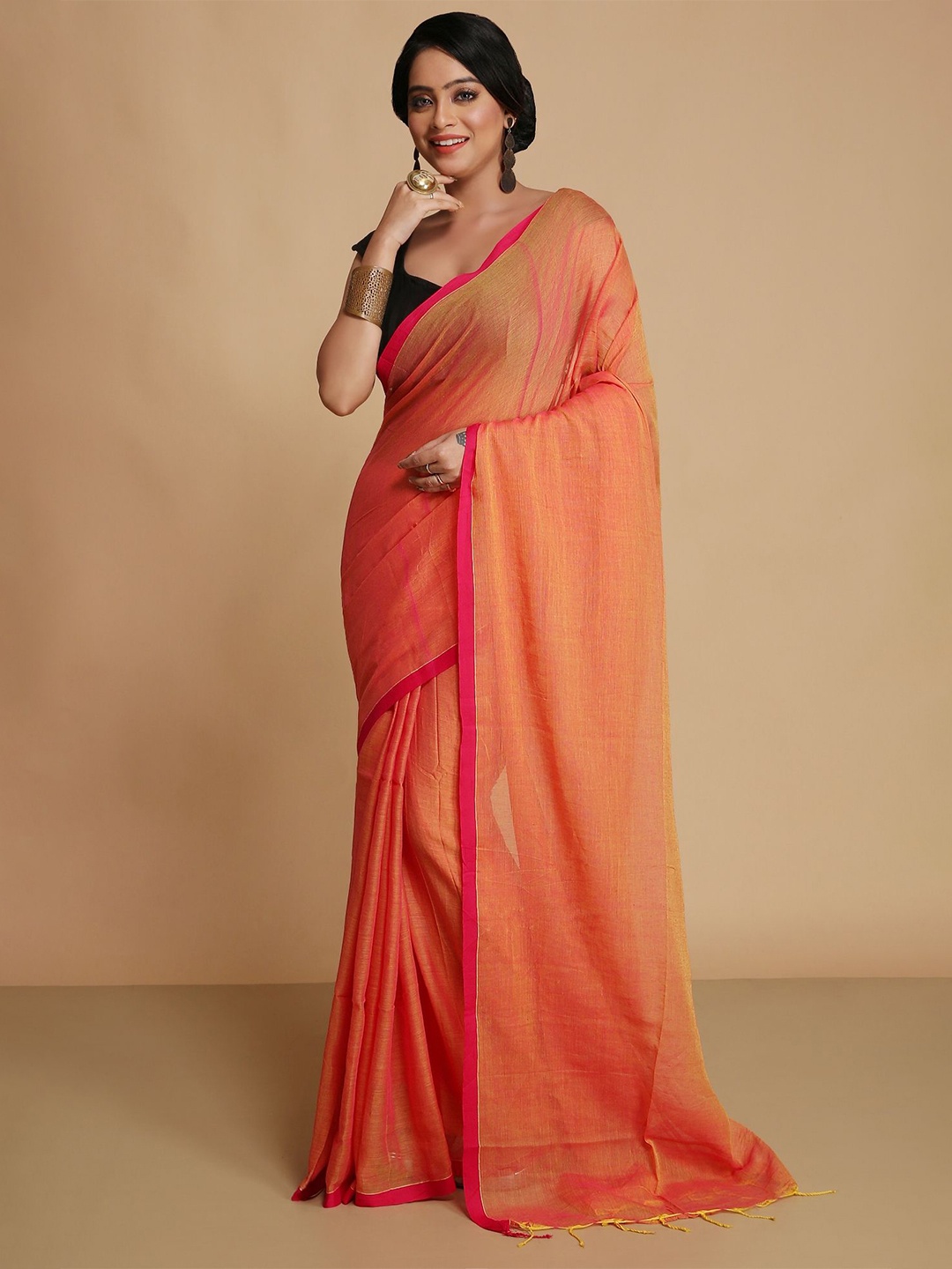 

WoodenTant Solid Pure Cotton Saree, Orange
