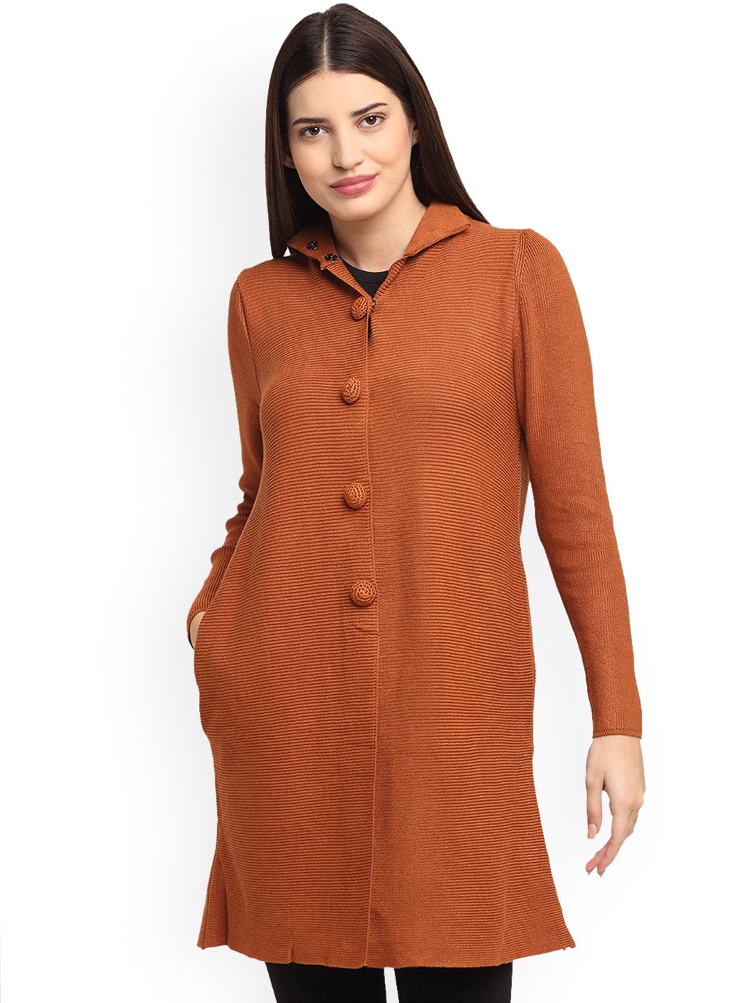 

Global Republic Single-Breasted High Neck Full Sleeves Winter Coat, Rust