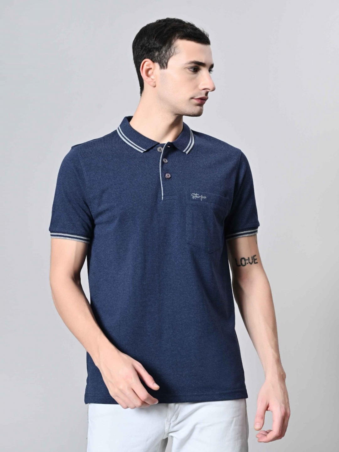 

STARFOX Men Solid Polo Collar Cotton T-shirt, Blue