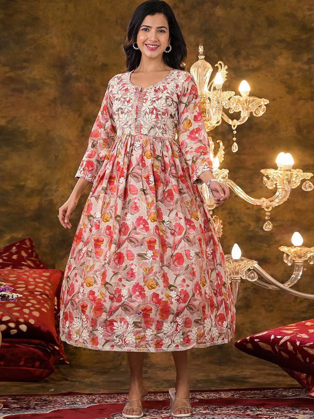 

Peachmode Floral Print With Embroidered Cotton Naira Cut Dress, Peach