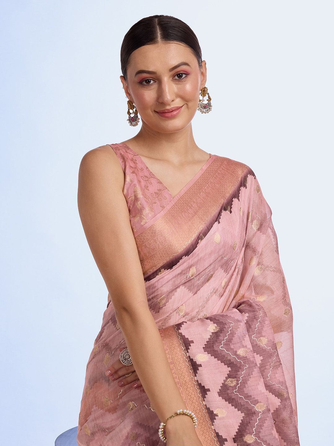 

Mitera Embroidered Zari Woven Saree, Pink