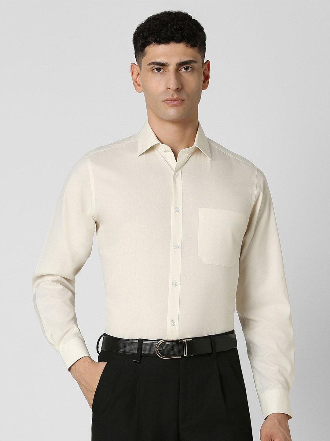 

Van Heusen Men Spread Collar Textured Printed Cotton Formal Shirt, Cream