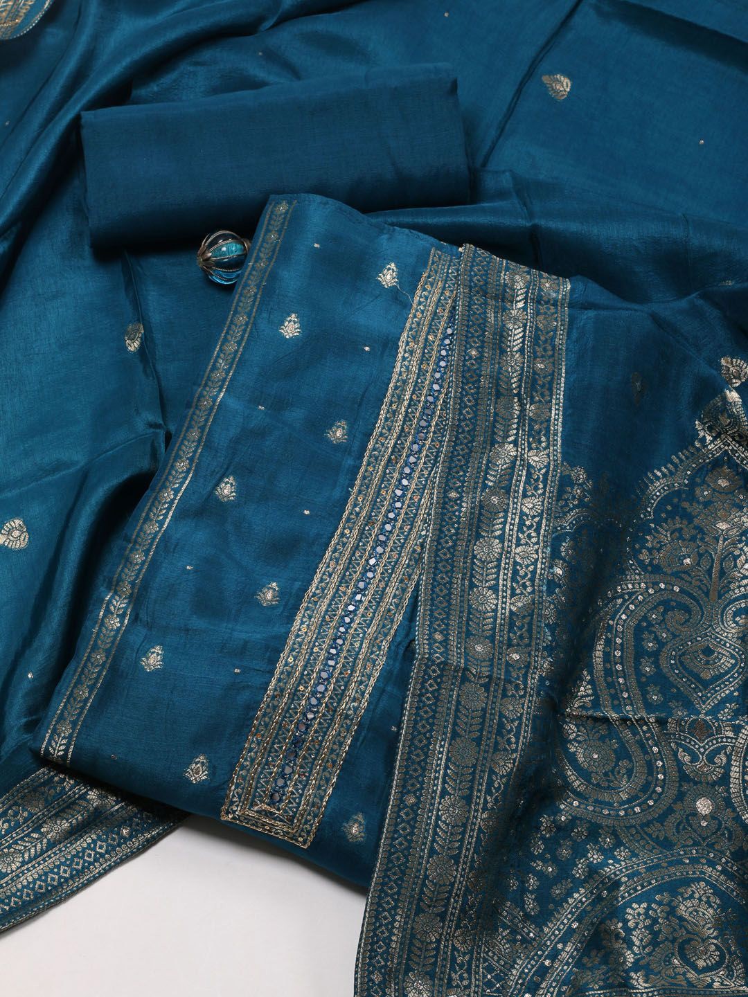 

Meena Bazaar Ethnic Motifs Woven Design Mirror Work Unstitched Dress Material, Blue