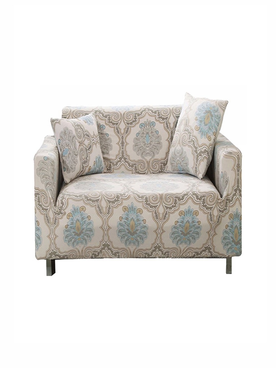 

B BESTILO Cream-Coloured & Blue Floral Printed Sofa Cover With Arms
