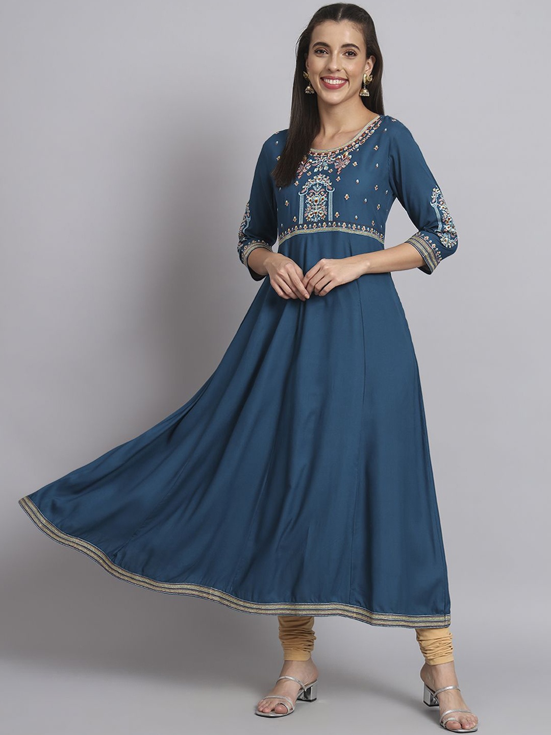 

Anouk Navy Blue Ethnic Motifs Embroidered Anarkali Kurta