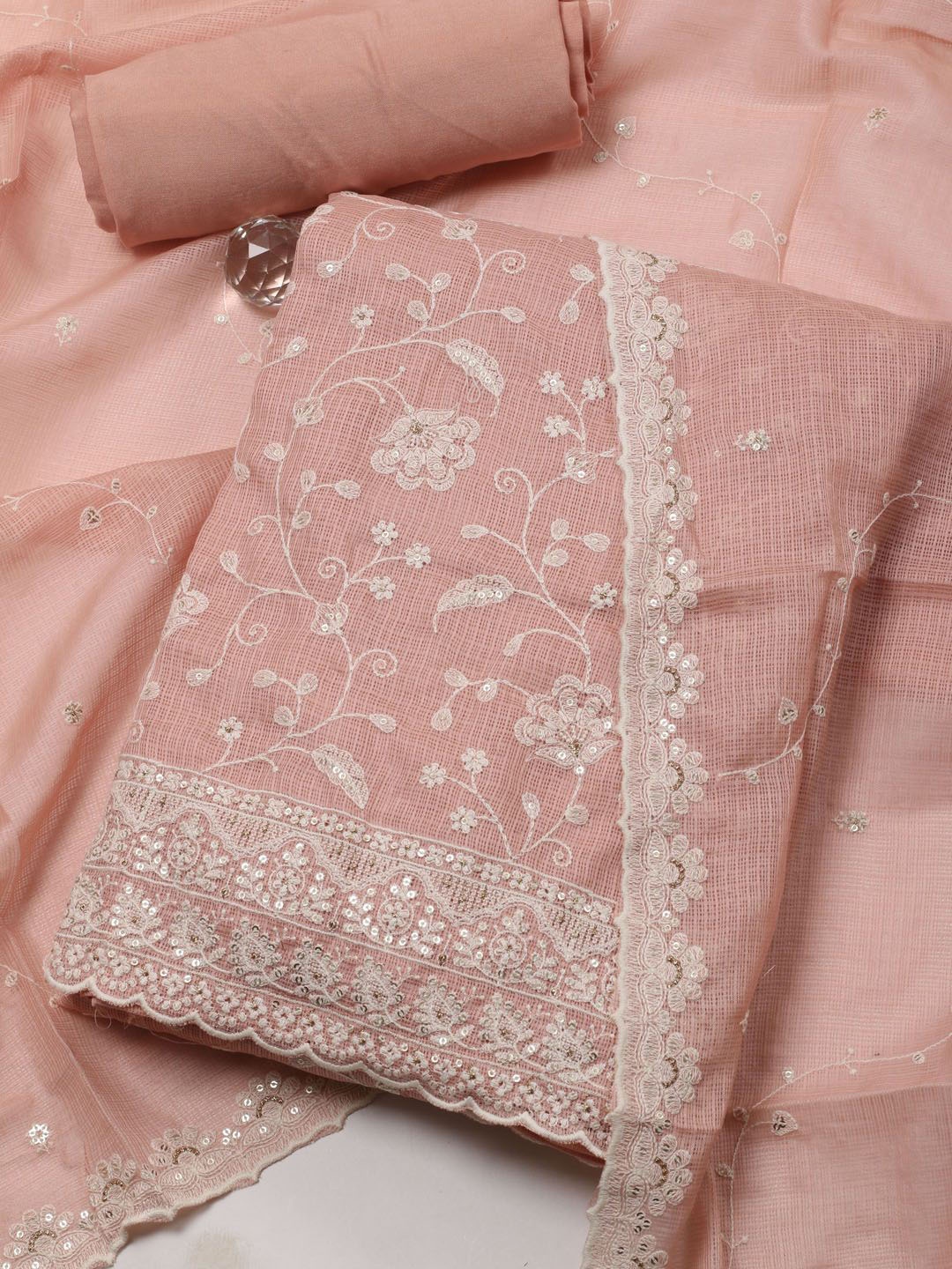 

Meena Bazaar Floral Embroidered Sequinned Unstitched Dress Material, Peach