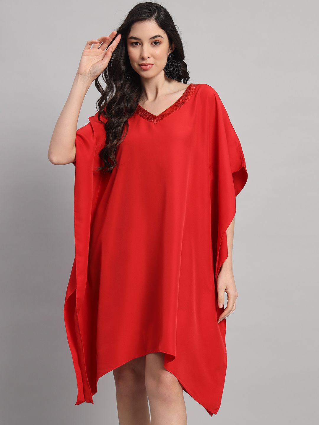 

Curvydrobe Women Kimono Sleeves Sequinned Kaftan Dress, Red