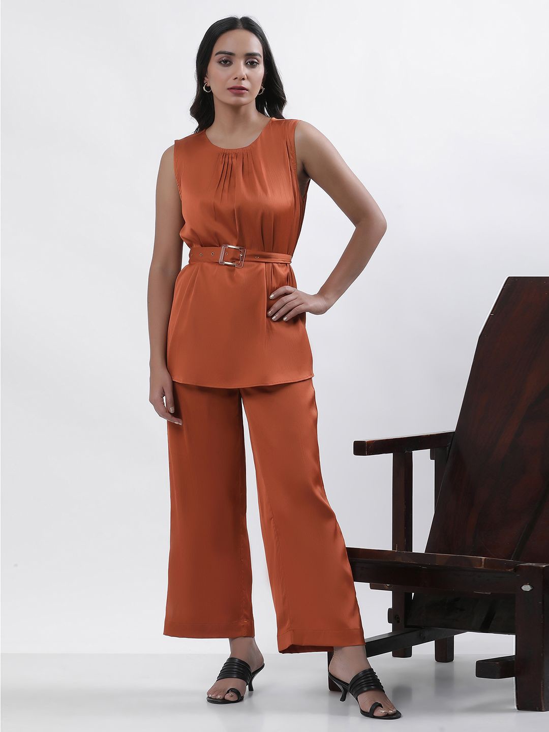 

W Round Neck Sleeveless Top with Trousers, Orange