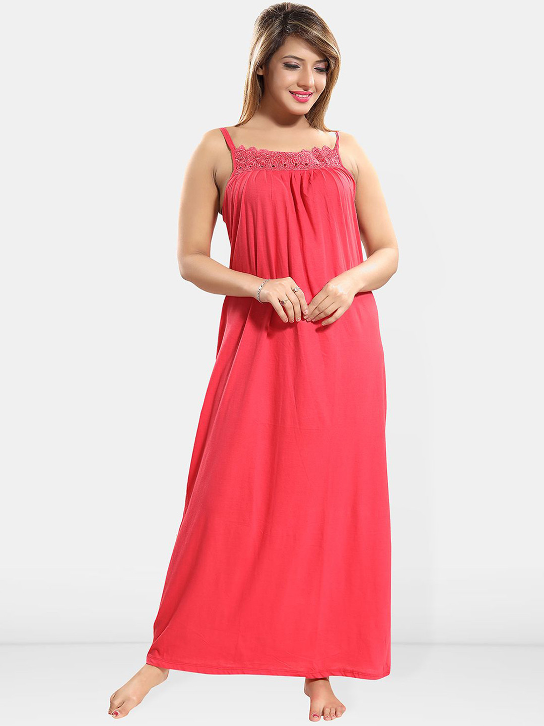 

Be You Lace Cotton Maxi Nightdress, Peach