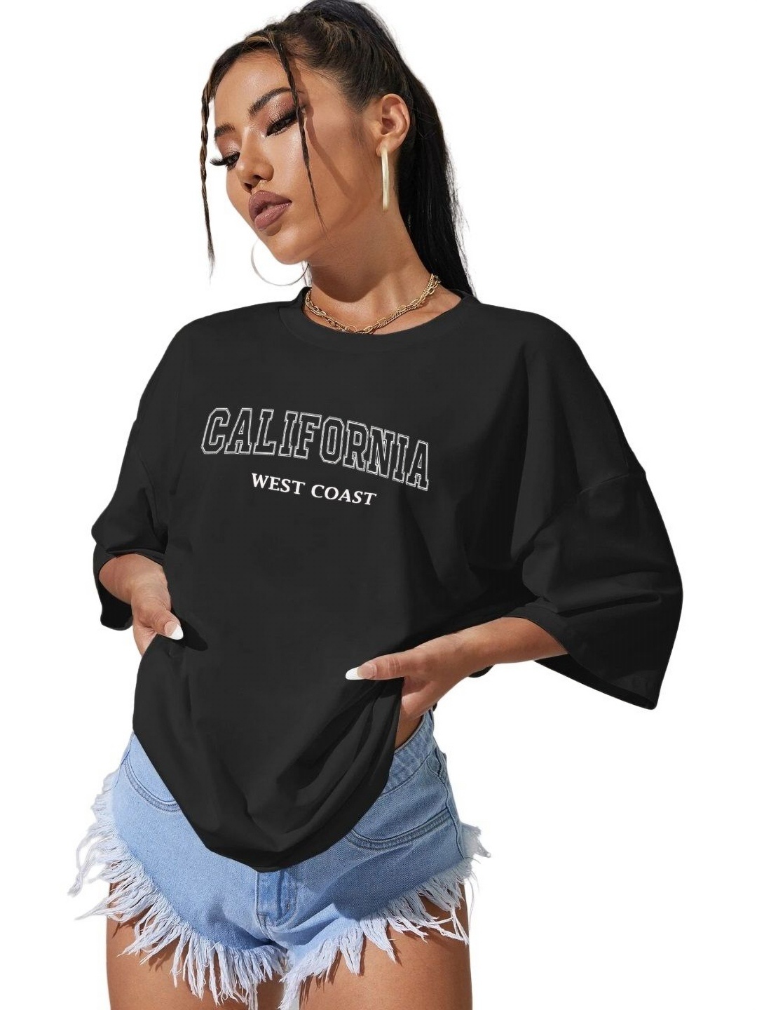 

TABADTOD Women Typography Printed Oversized T-shirt, Black