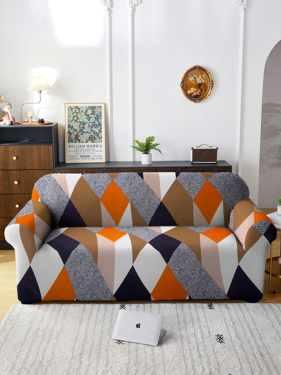 

HOSTA HOMES Orange & Navy Blue 3-Seater Stretchable Sofa Cover With Arms