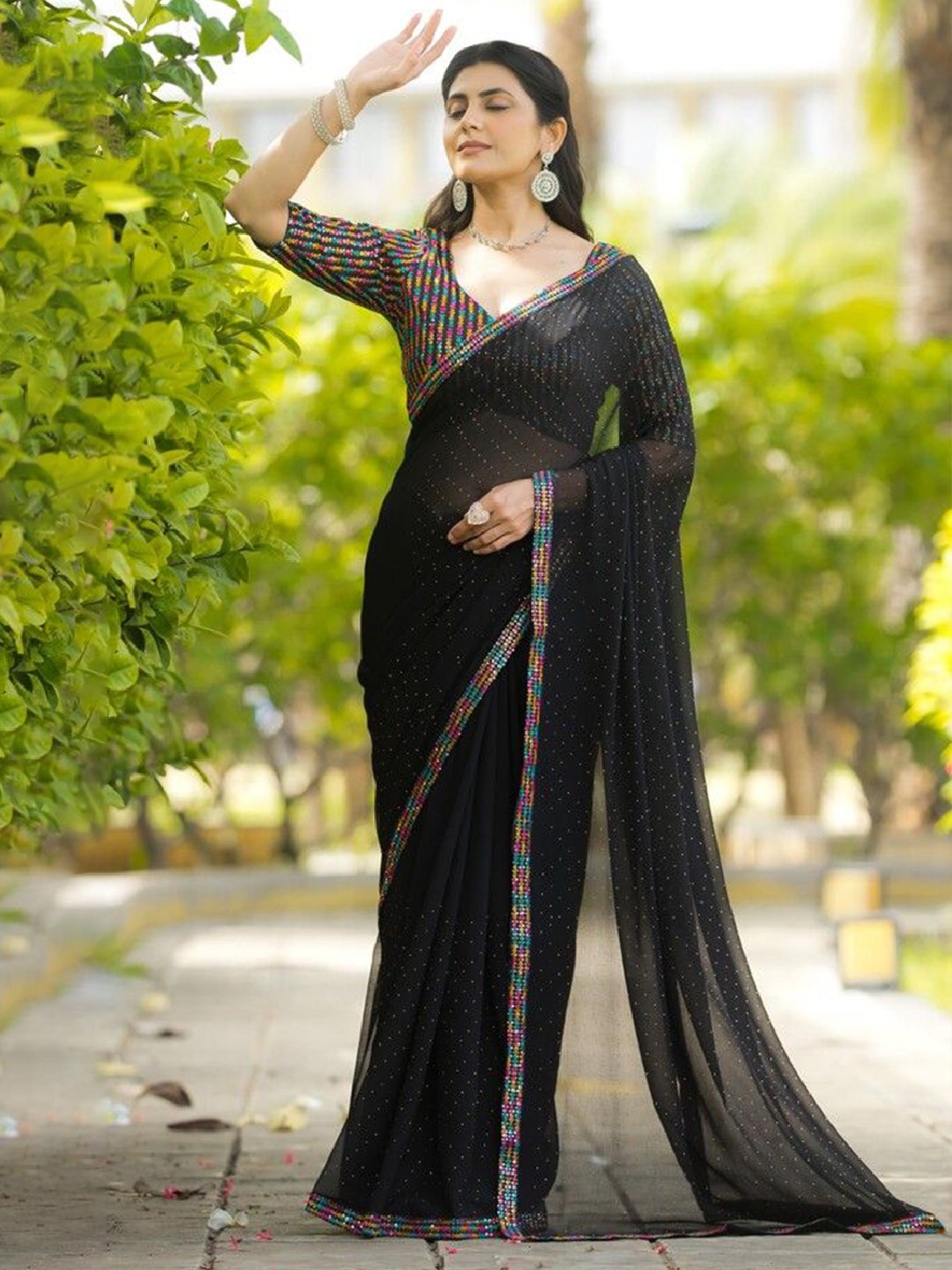 

COSBILA FASHION Embellished Sequinned Poly Georgette Multicolor And Black Saree
