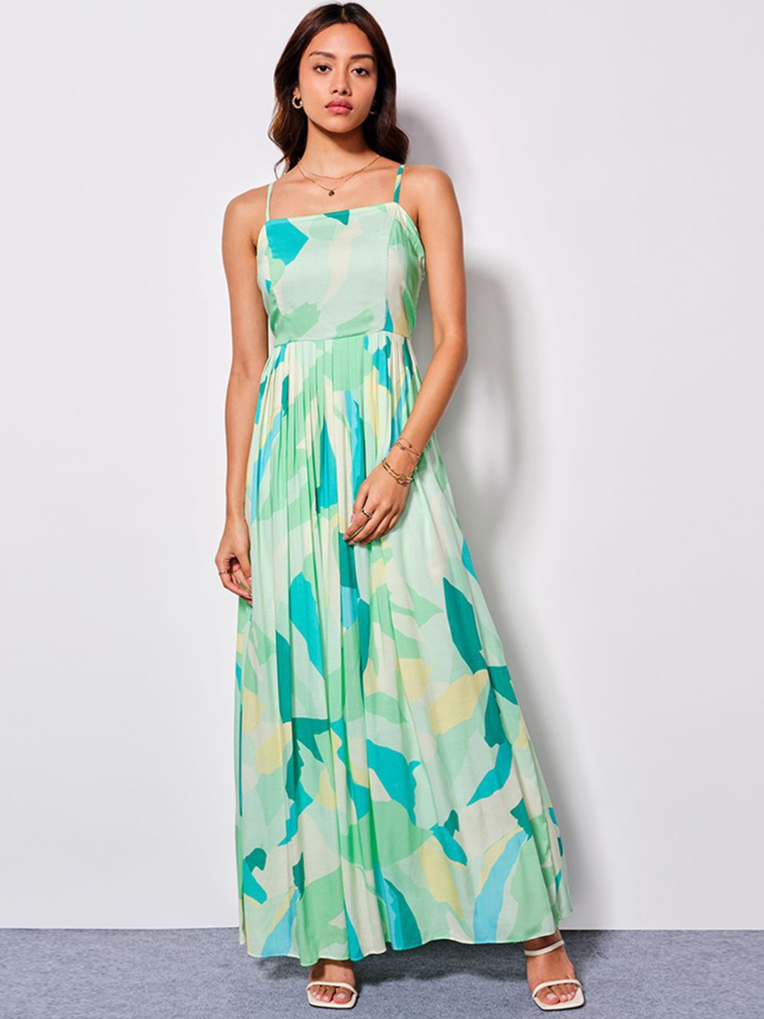 

AND Women Tropical Print Shoulder Straps Sleeveless Maxi Dress, Green