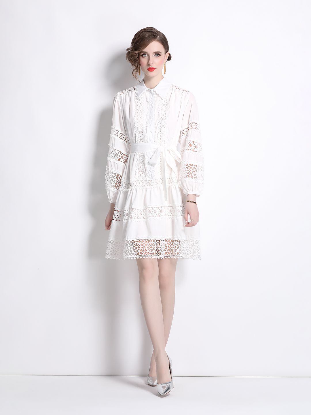 

JC Collection Floral Cuffed Sleeve Shirt Dress, White