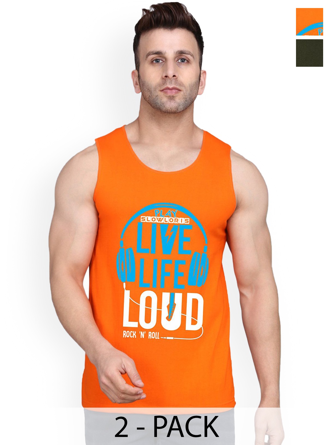 

SLOWLORIS Men Pack of 2 Printed Innerwear Vests, Orange
