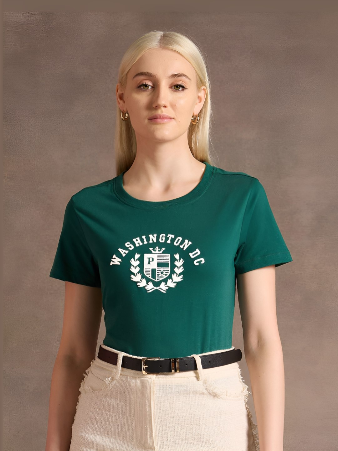 

U.S. Polo Assn. Women Embroidered Round Neck Pure Cotton T-Shirt, Green