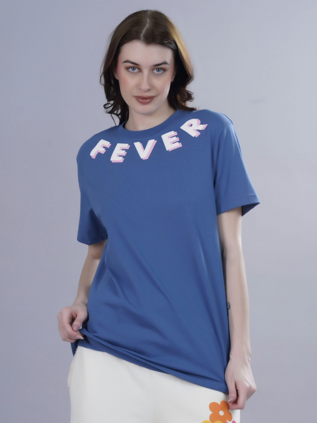 

FEVER HUNT Women Typography Printed Round Neck Cotton Oversized T-Shirt, Blue