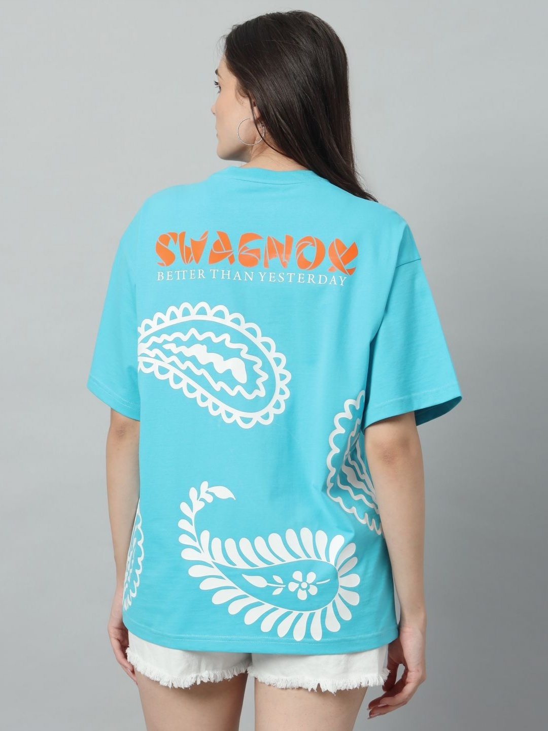 

SWAGNOX Women Typography Printed Round Neck Cotton Oversized T-shirt, Turquoise blue