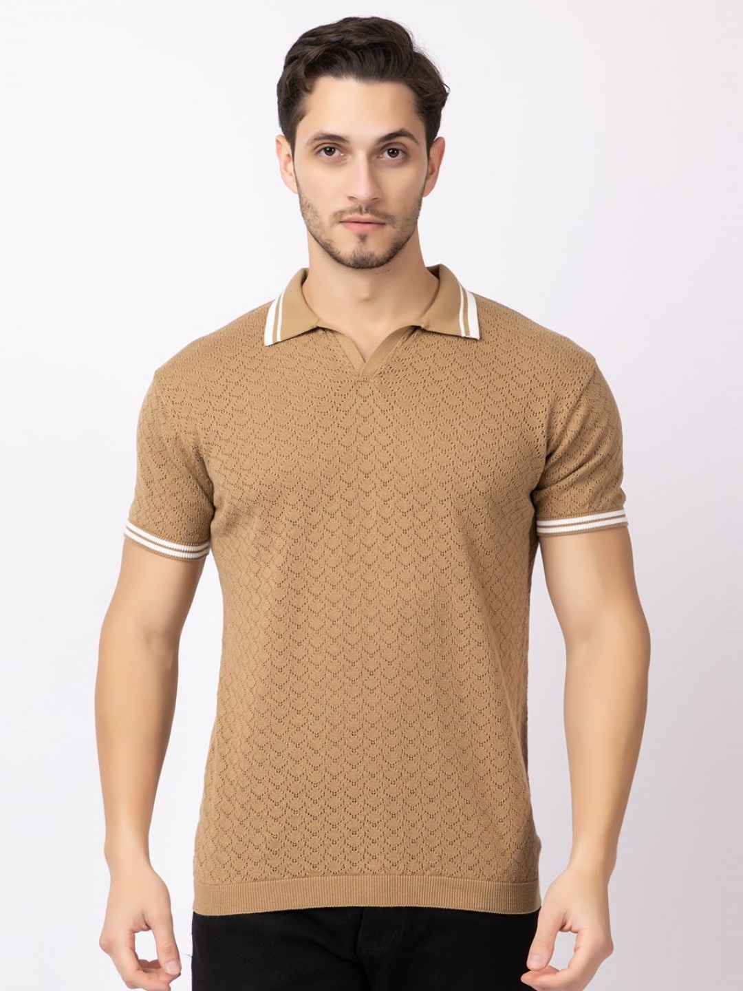 

KEIKO Men Self Design Polo Collar Cotton T-Shirt, Beige