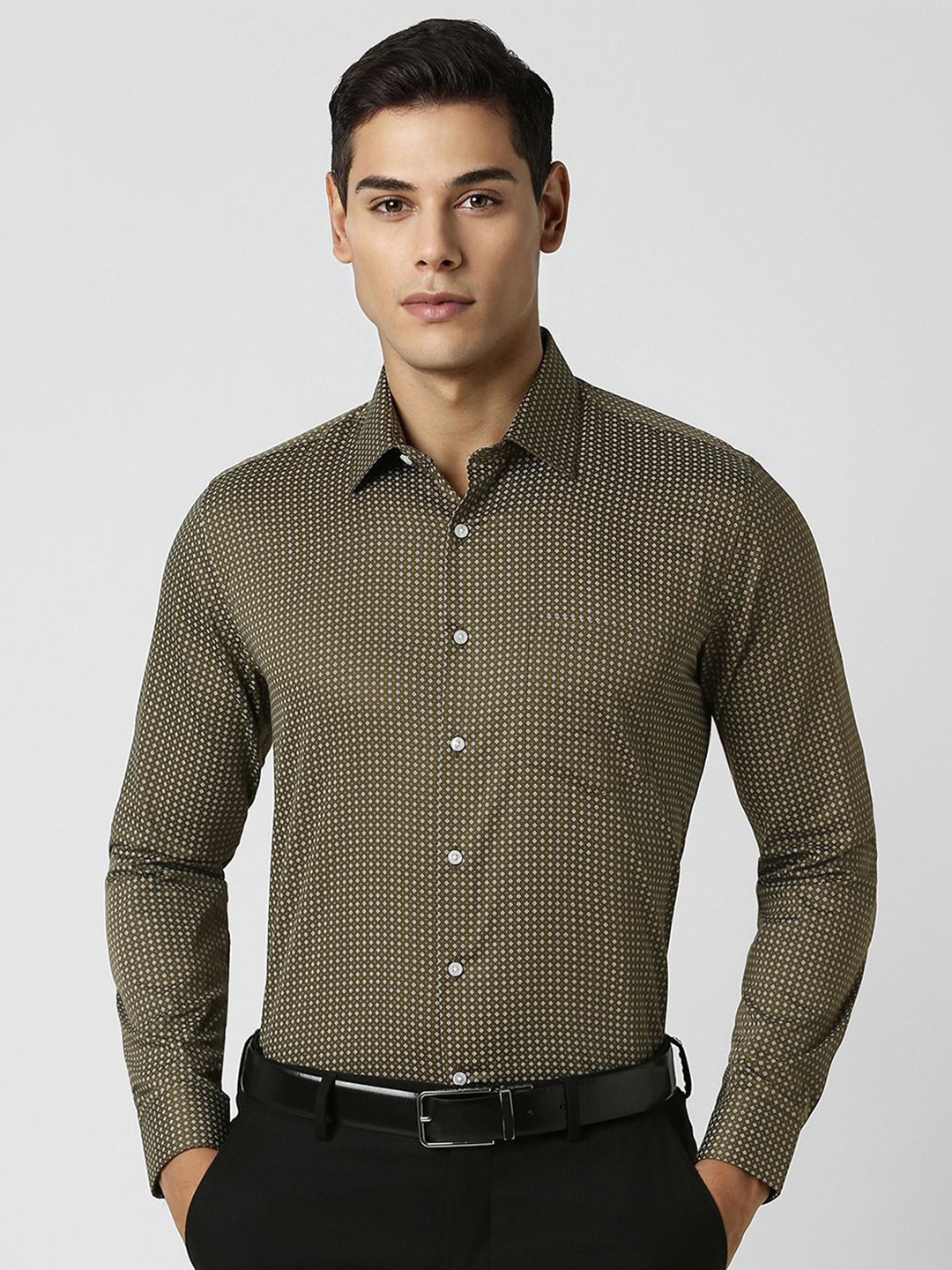 

Van Heusen Men Spread Collar Micro Ditsy Printed Slim Fit Formal Shirt, Olive