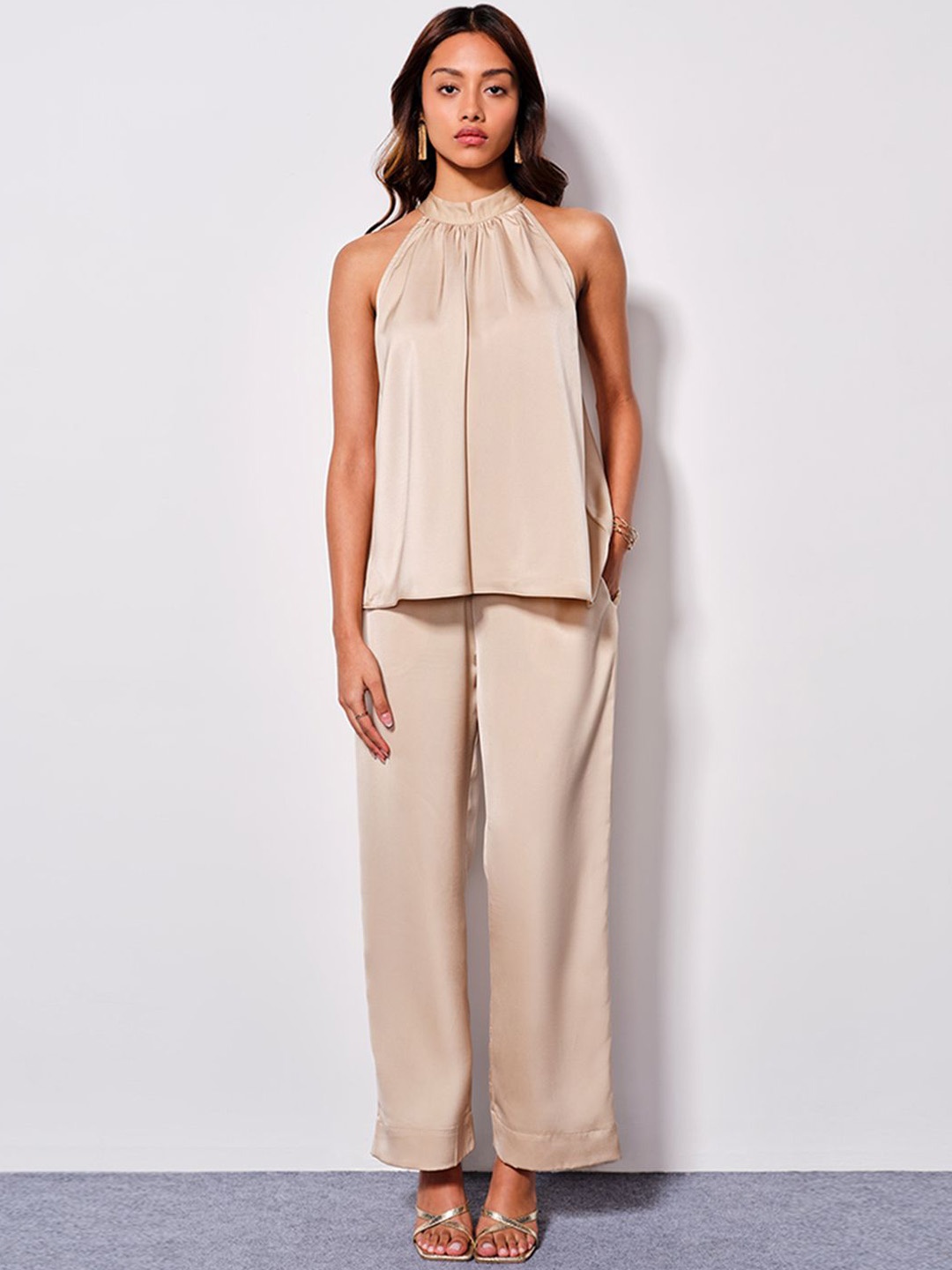 

AND Halter Neck Sleeveless Top & Trousers, Beige