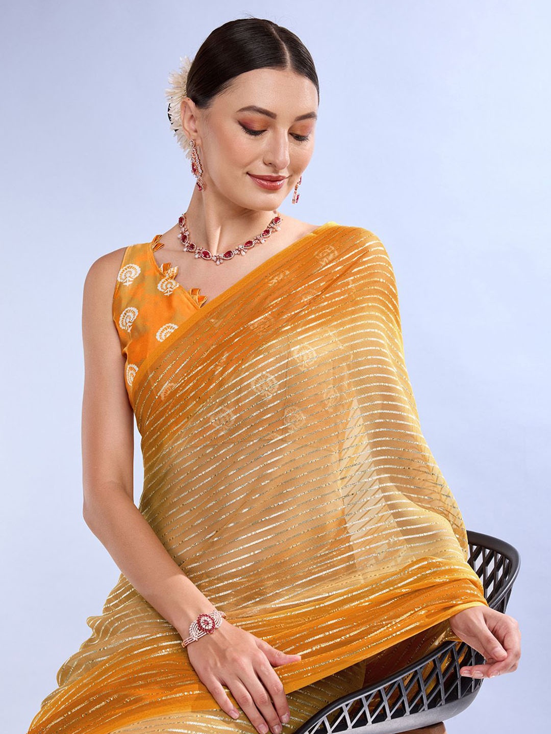 

Mitera Striped Zari Saree, Mustard