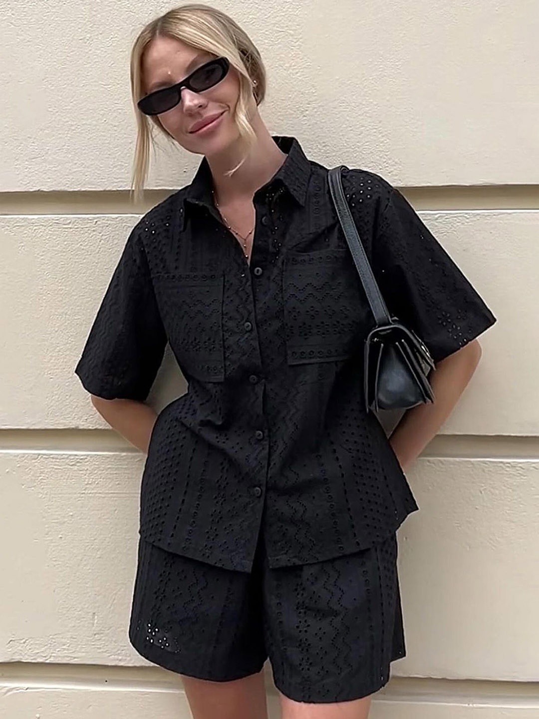 

LULU & SKY Self Design Shirt & Shorts, Black