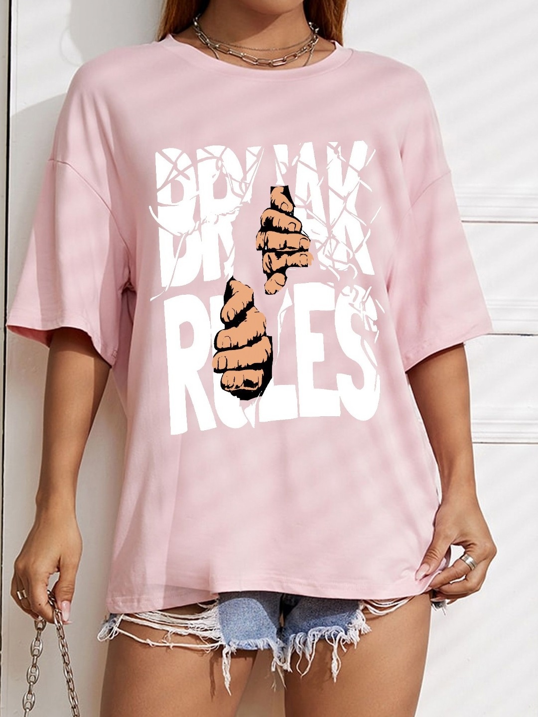 

TABADTOD Women Typography Printed Oversized T-shirt, Pink