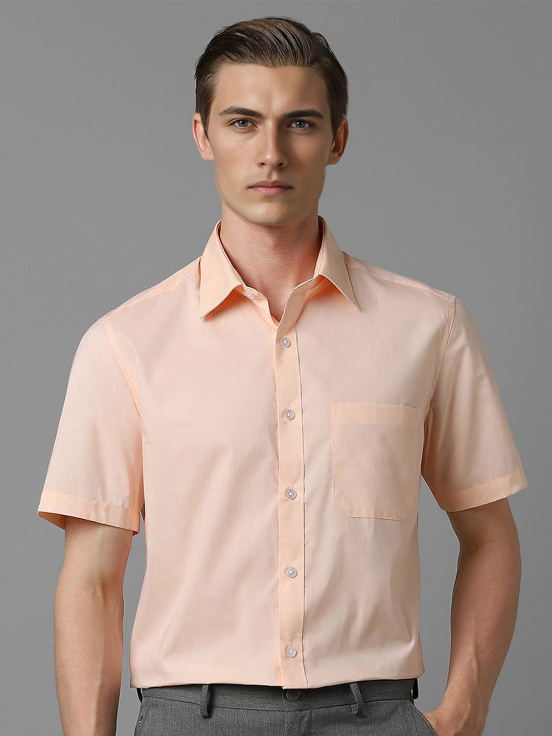 

Louis Philippe Men Classic Spread Collar Solid Cotton Formal Shirt, Peach