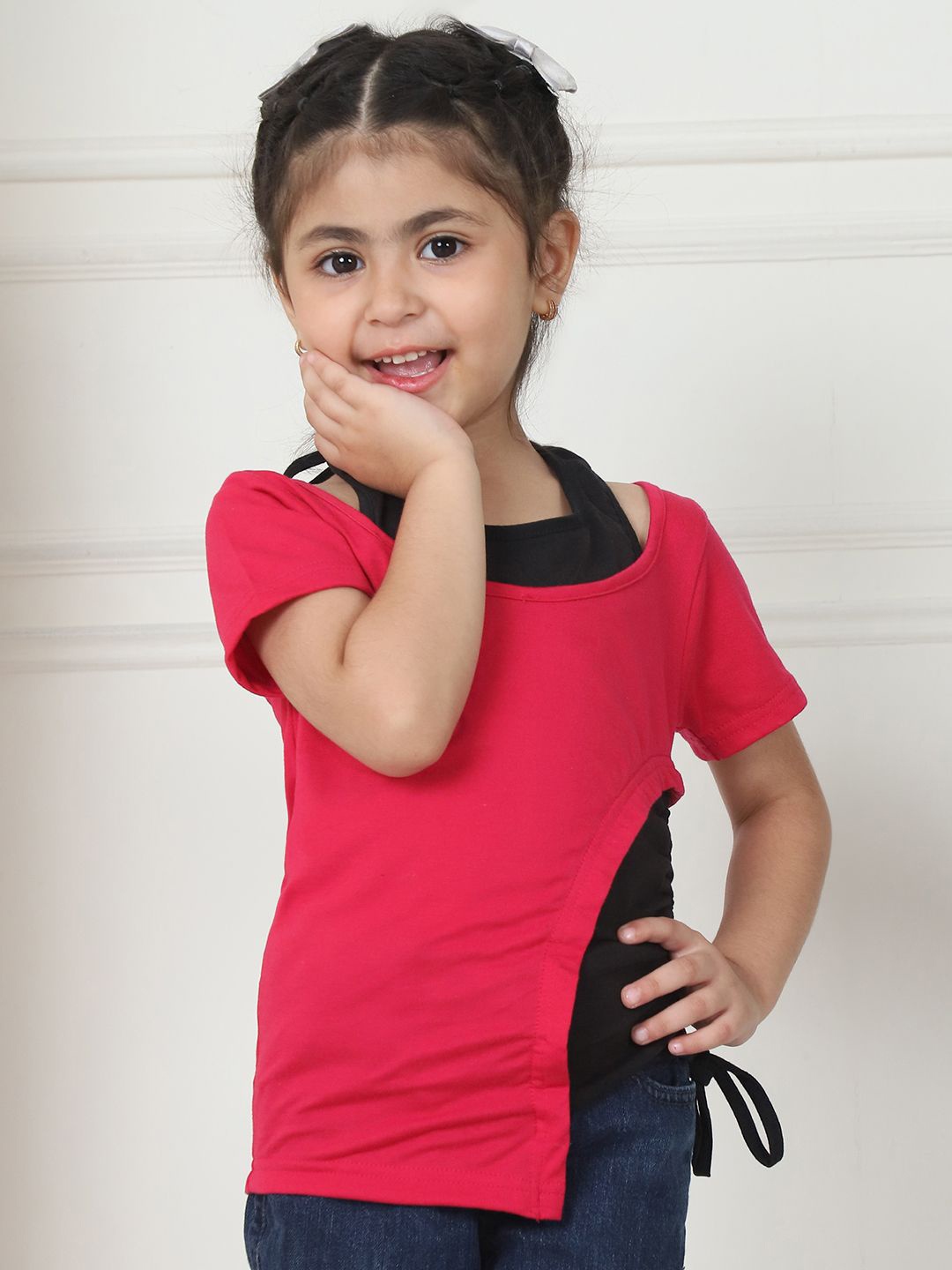 

MINI & MING Girls Layered Cotton Round Neck Top, Red