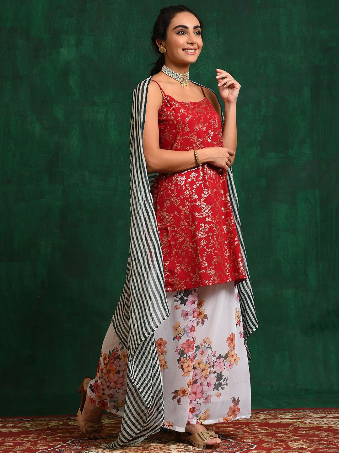 

Sangria Red & White Floral Printed Zari Georgette Straight Kurta With Palazzo & Dupatta