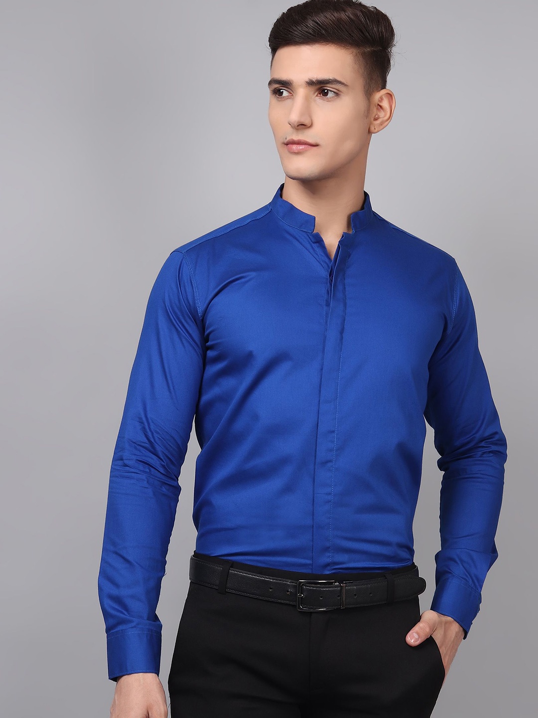 

TRYBUY.IN Men Band Collar Solid Cotton Semiformal Shirt, Blue