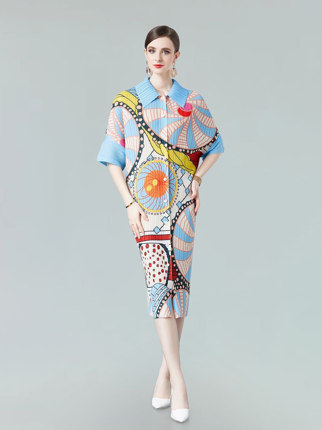 

JC Collection Printed Shirt Extended Sleeves Midi Dress, Blue