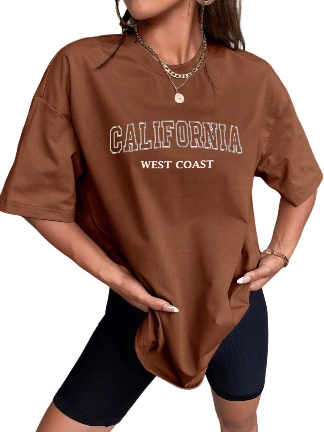 

TABADTOD Women Typography Printed Oversized T-shirt, Brown