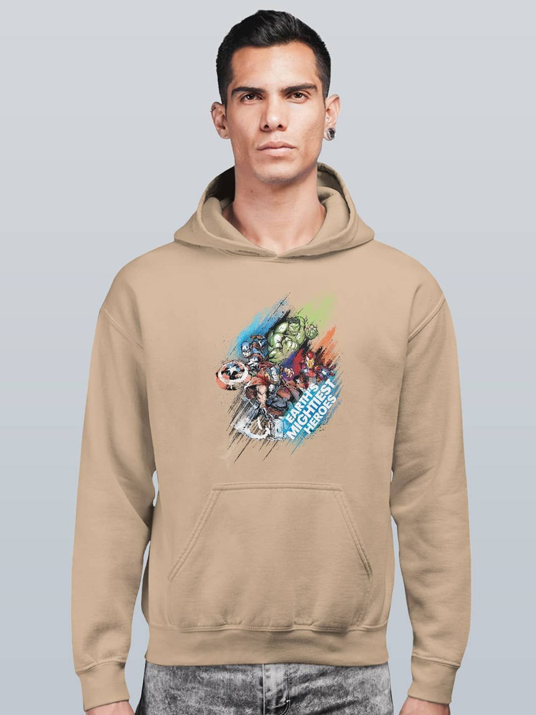 

macmerise Men Printed Hooded Sweatshirt, Beige