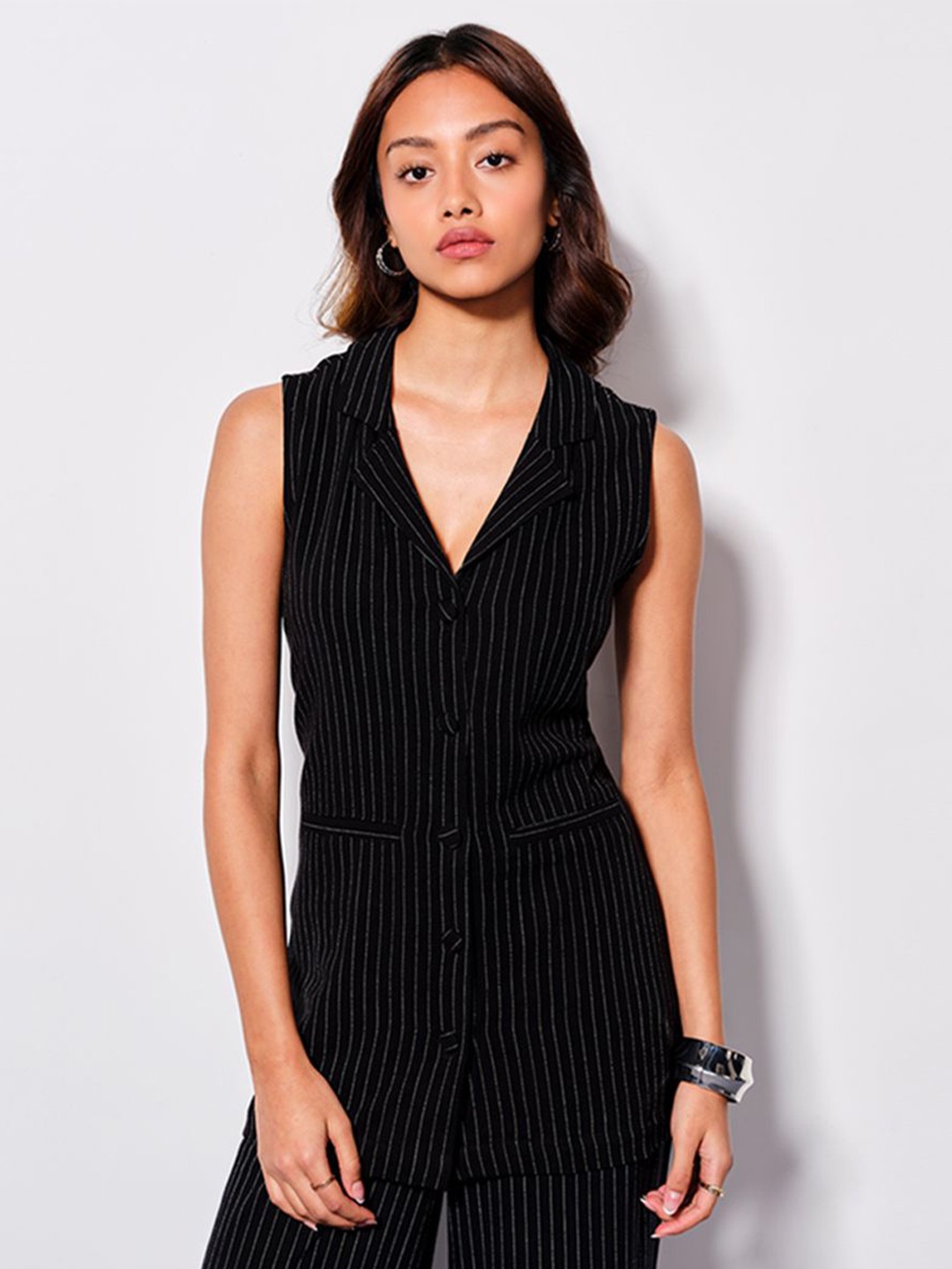 

AND Striped Linen Wrap Top, Black