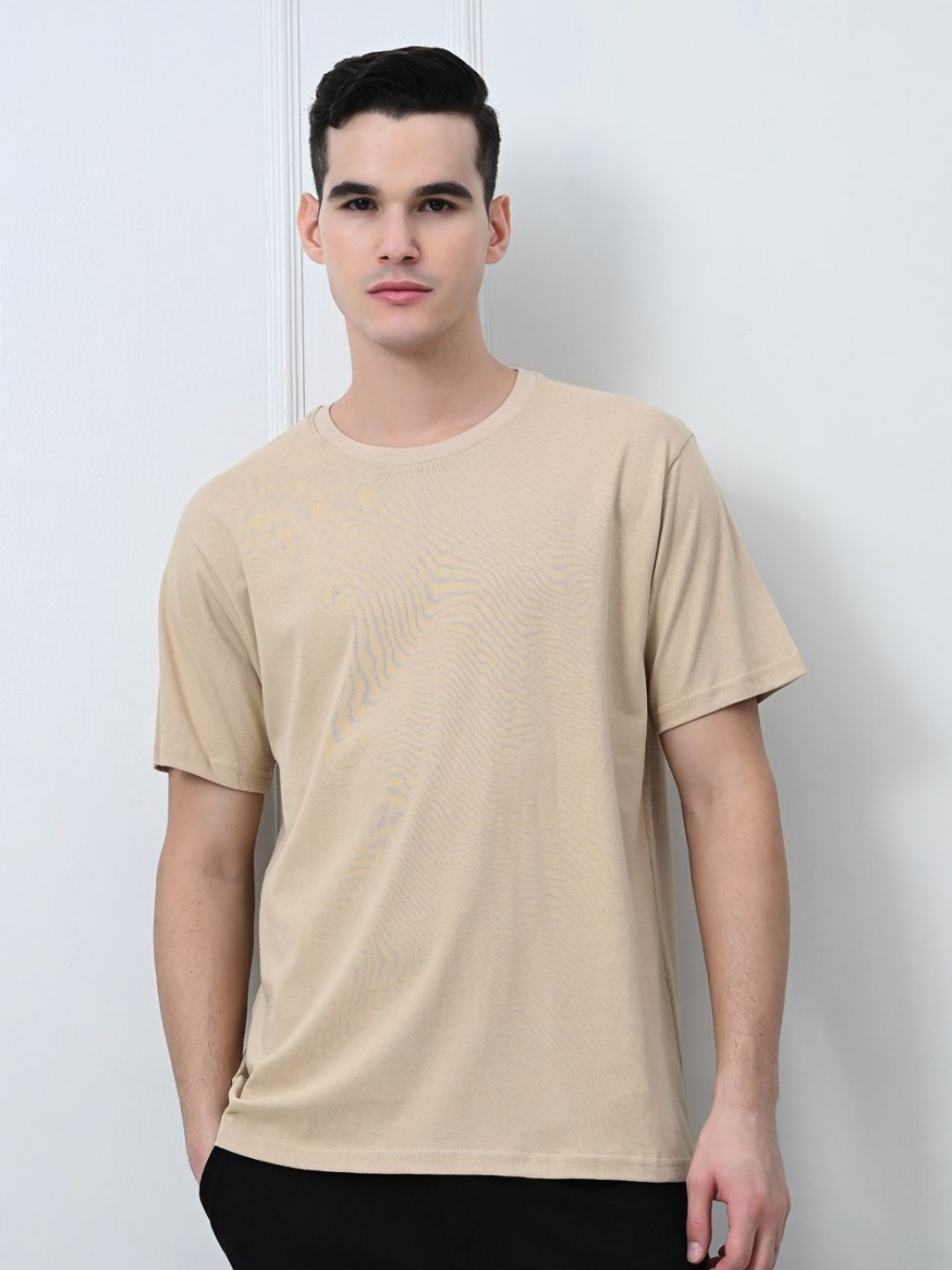 

FITINC Men Bio Finish Solid Round Neck Cotton T-shirt, Beige