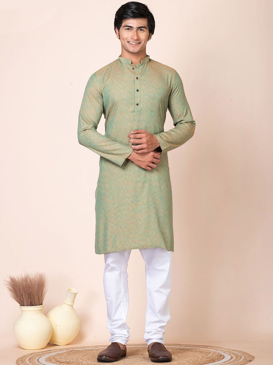 

HU - Handcrafted Uniquely Mandarin Collar Pure Cotton Straight Kurta with Churidar, Green