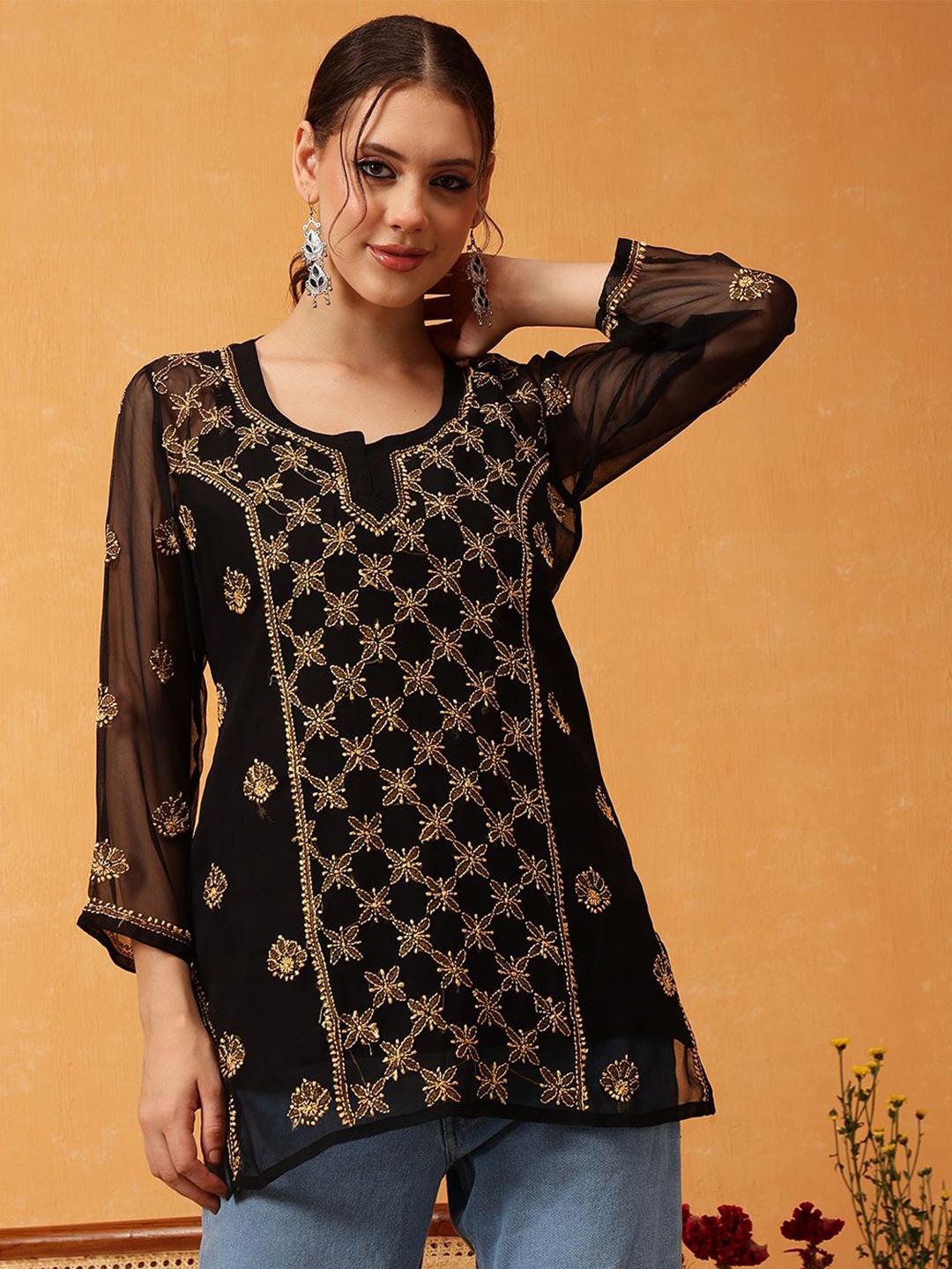 

ADA Ethnic Motifs Embroidered Chikankari Chikankari Kurti, Black