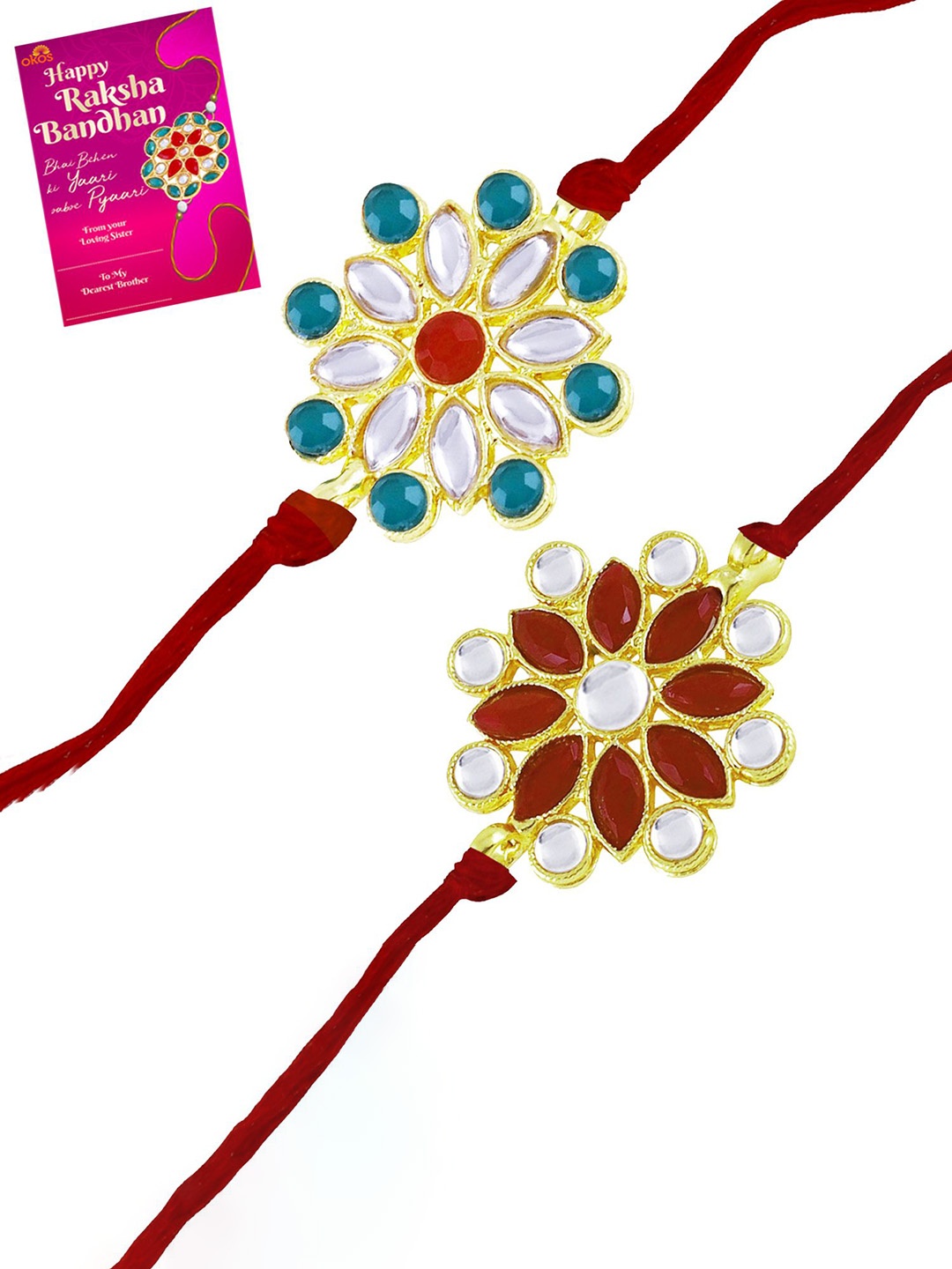 

Okos Set Of 2 Gold Plated Kundan Studded Thread Rakhi With Greeting Card