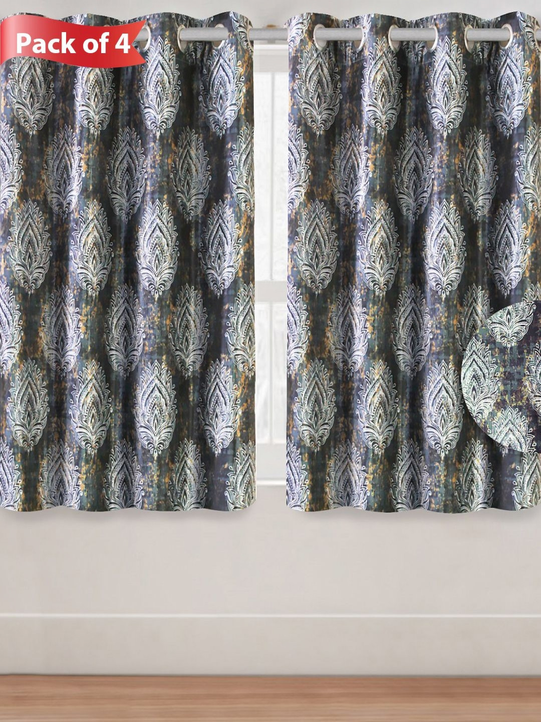 

Aura Grey & Silver-Toned 4 Pieces Floral Printed Room Darkening Window