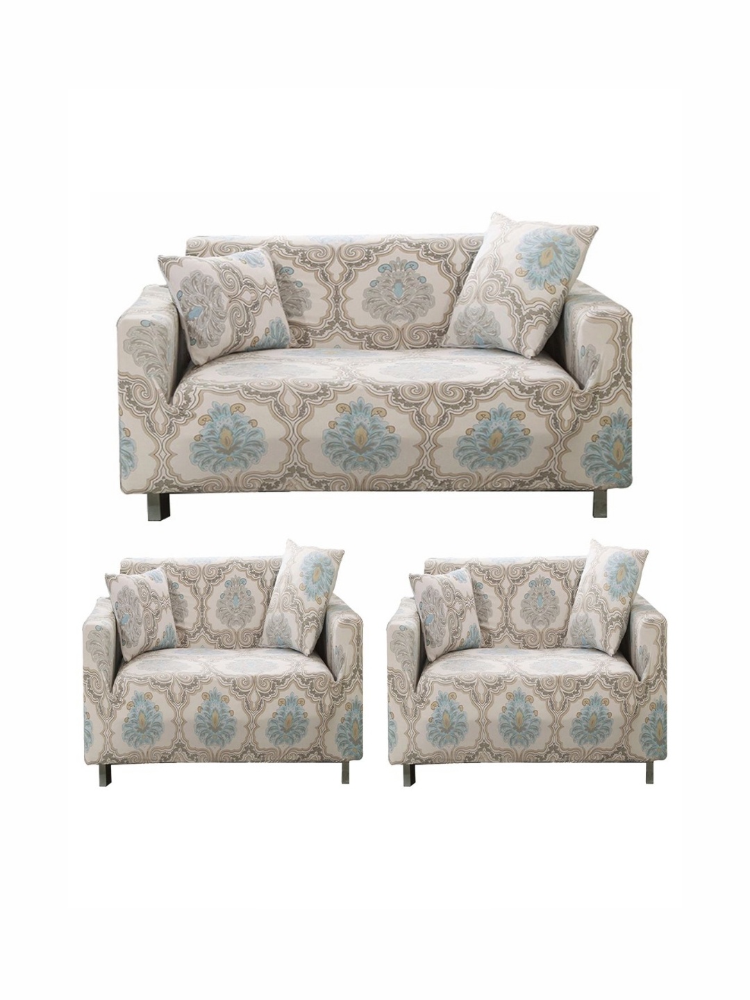 

B BESTILO Cream-Coloured & Blue 3 Pieces Floral Printed Sofa Cover With Arms