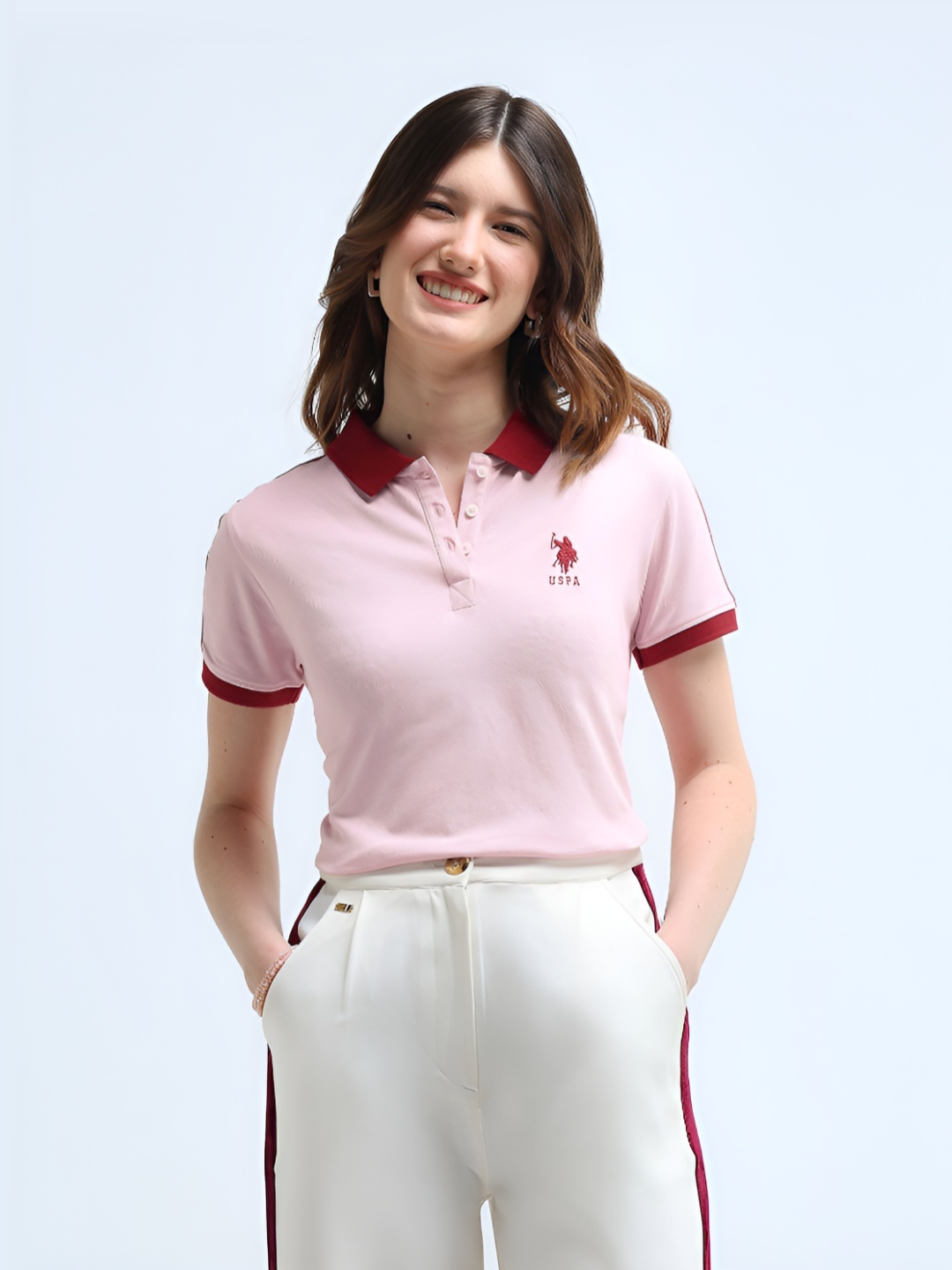 

U.S. Polo Assn. Women Brand Logo Printed Polo Collar Cotton T-Shirt, Pink