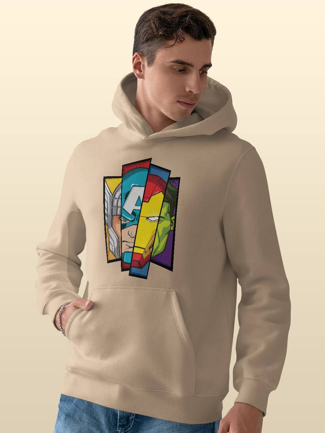 

macmerise Men Printed Hooded Sweatshirt, Beige