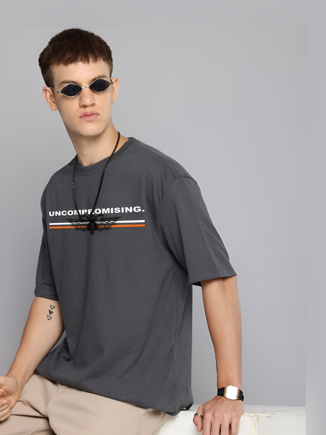 

R.Code by The Roadster Life Co. Men Typography Printed Round Neck Cotton Oversized T-shirt, Steel