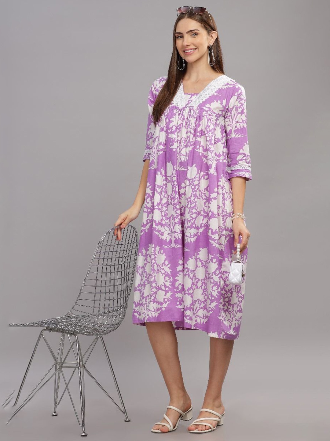 

THE VASILIKI Floral Printed Cotton A-Line Midi Dress, Purple