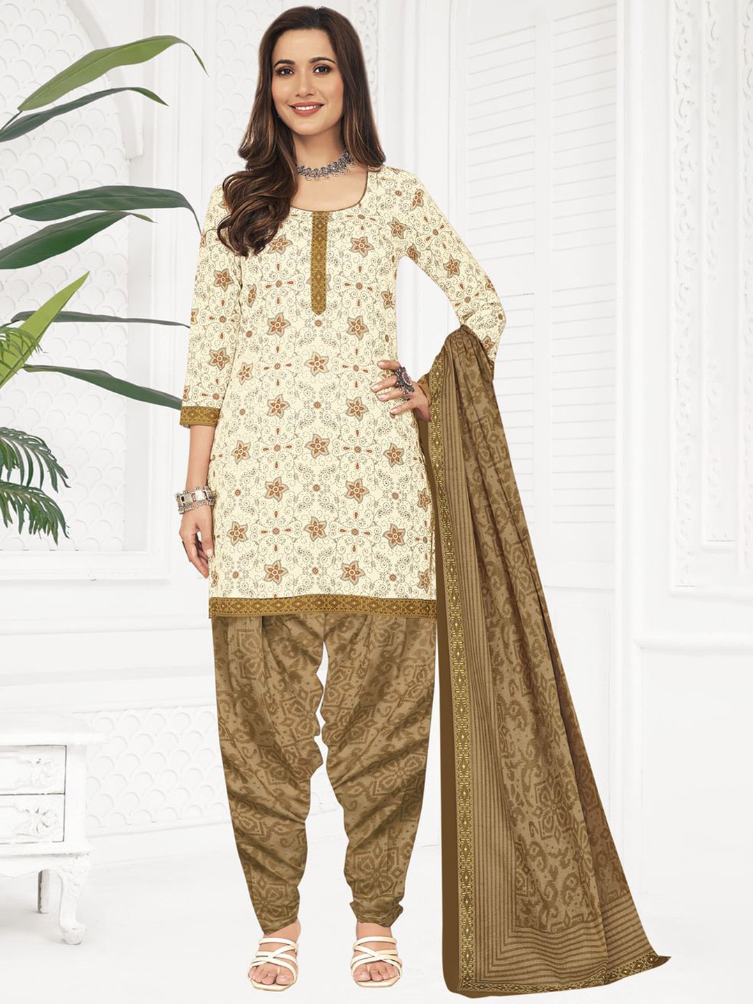 

MIRAAN Floral Printed Pure Cotton Unstitched Dress Material, Off white