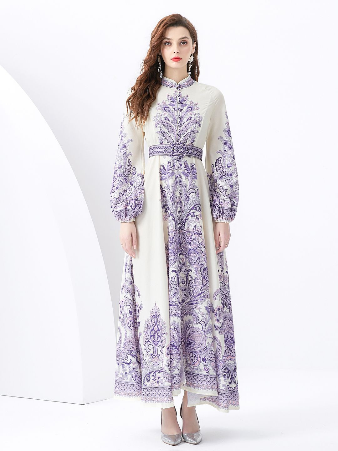 

JC Collection Mandarin Collar Puff Sleeve Maxi Dress, Purple