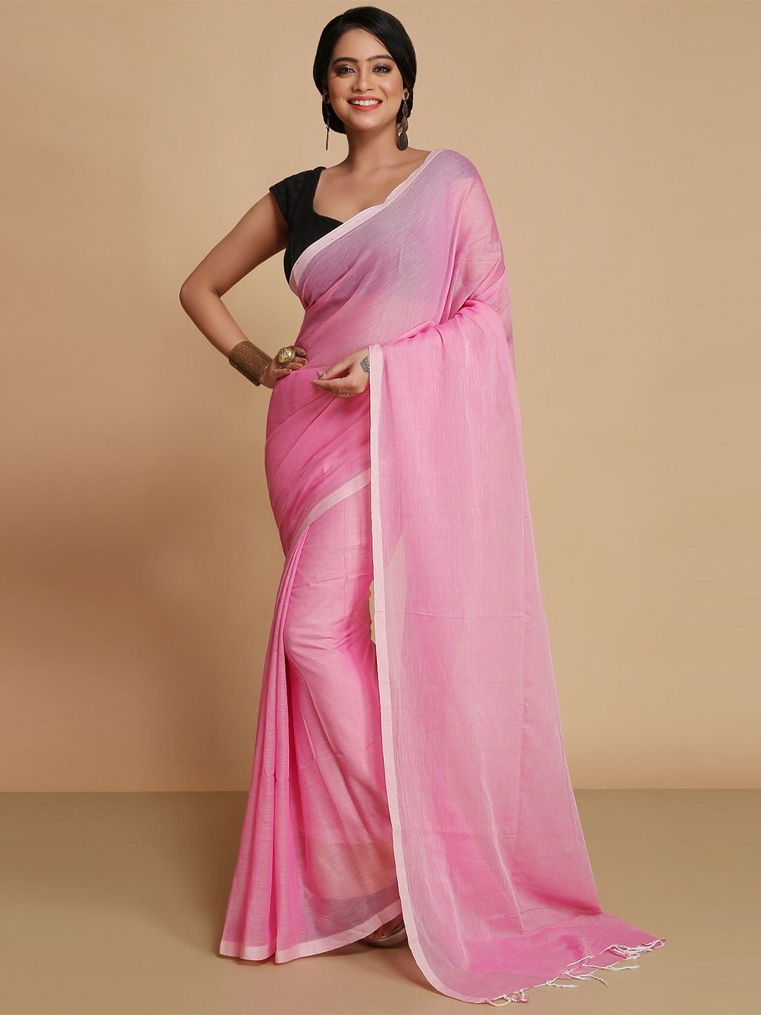 

WoodenTant Pure Cotton Solid Saree, Pink