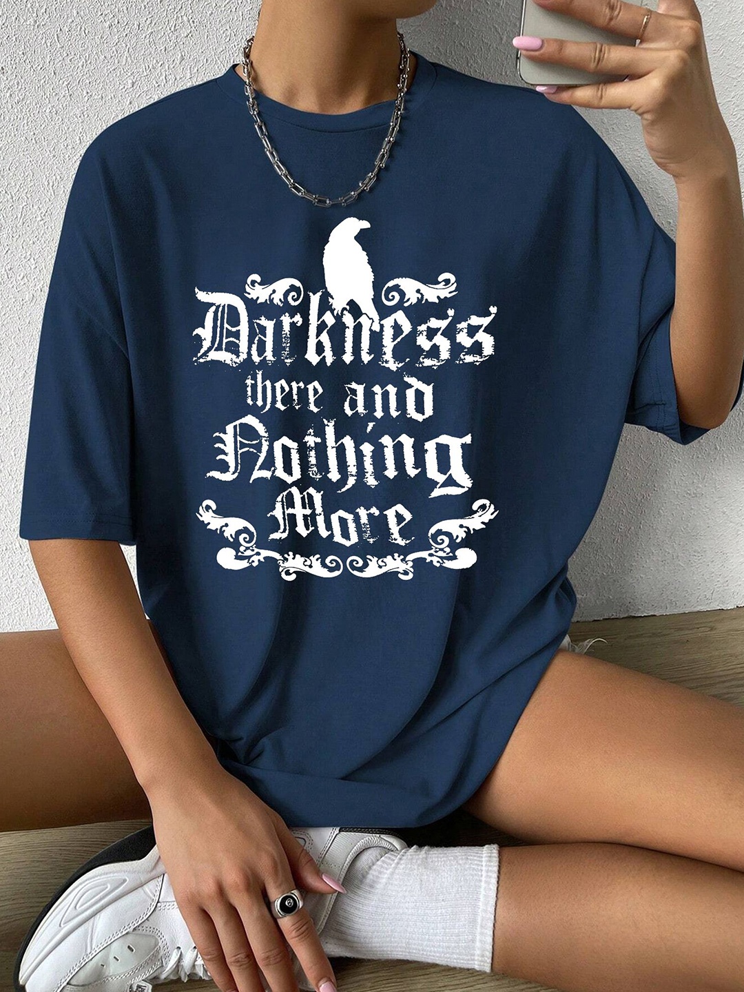 

TABADTOD Women Typography Printed Applique T-shirt, Navy blue